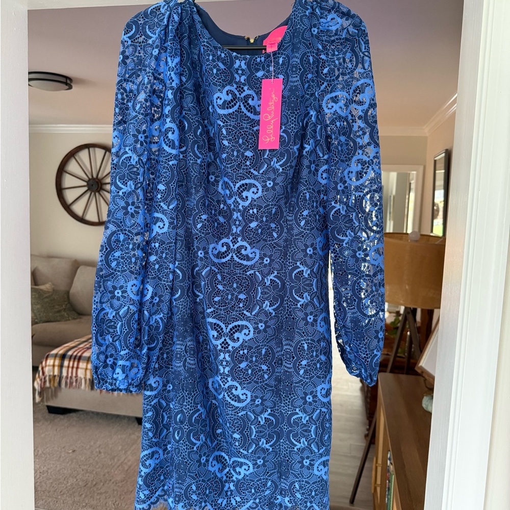 Lilly Pulitzer Georgi Boca Blue Lace Long Sleeve Dress Size 8